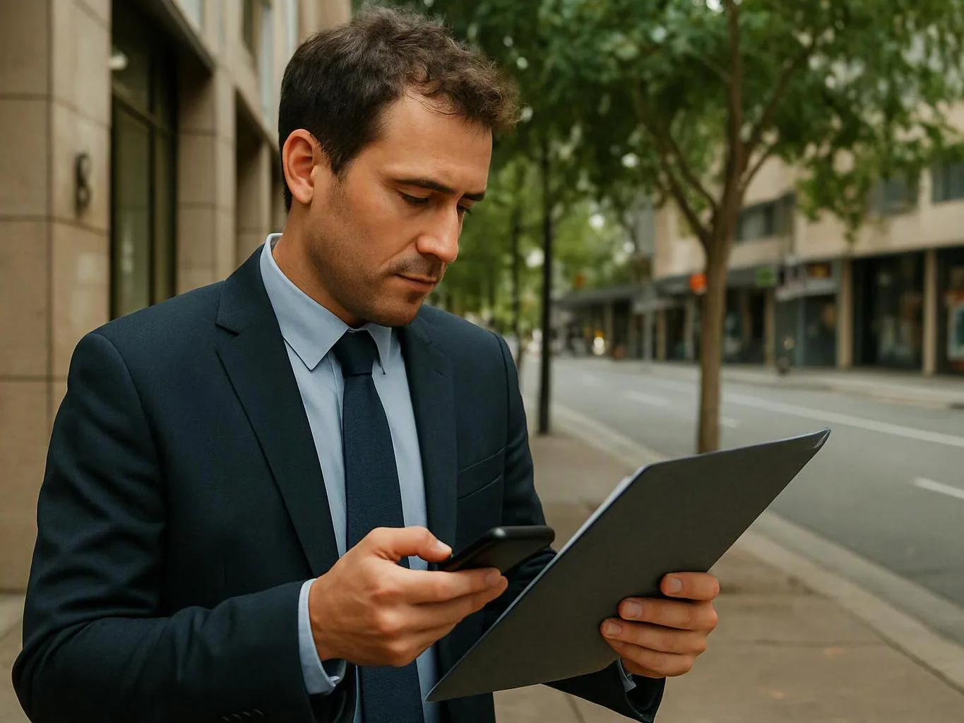 A man in a suit checks a phone and tablet on a quiet city sidewalk