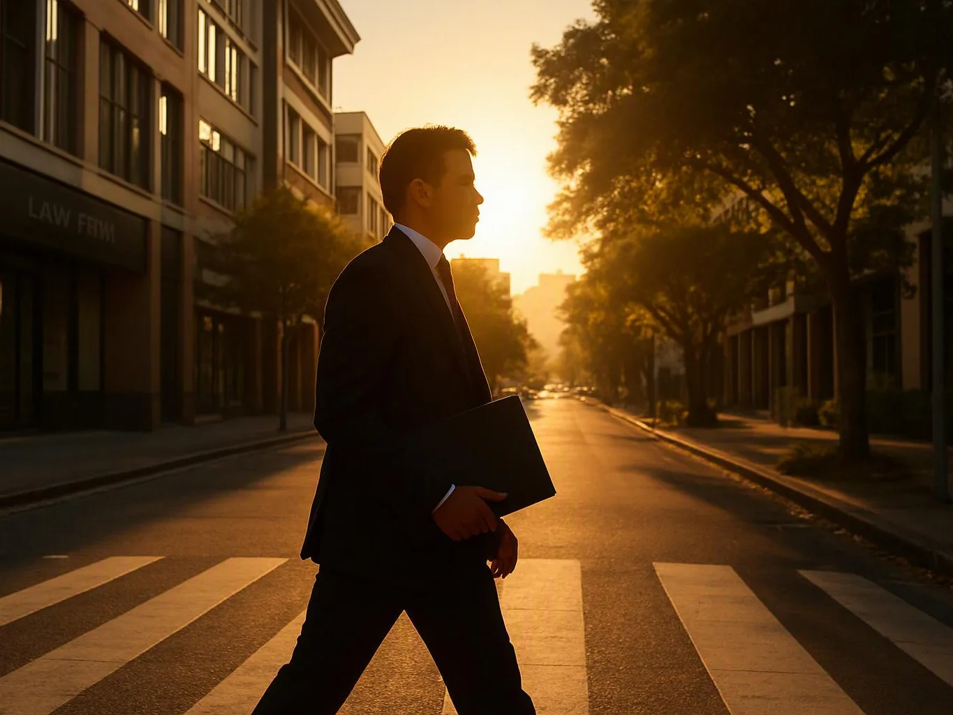 A man in a suit crosses a sunlit street holding a black folder between office buildings and trees