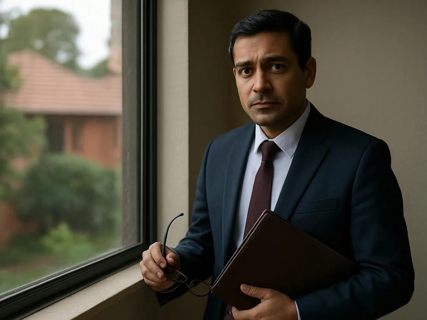 A man in a suit stands by a window holding glasses and a folder, looking serious
