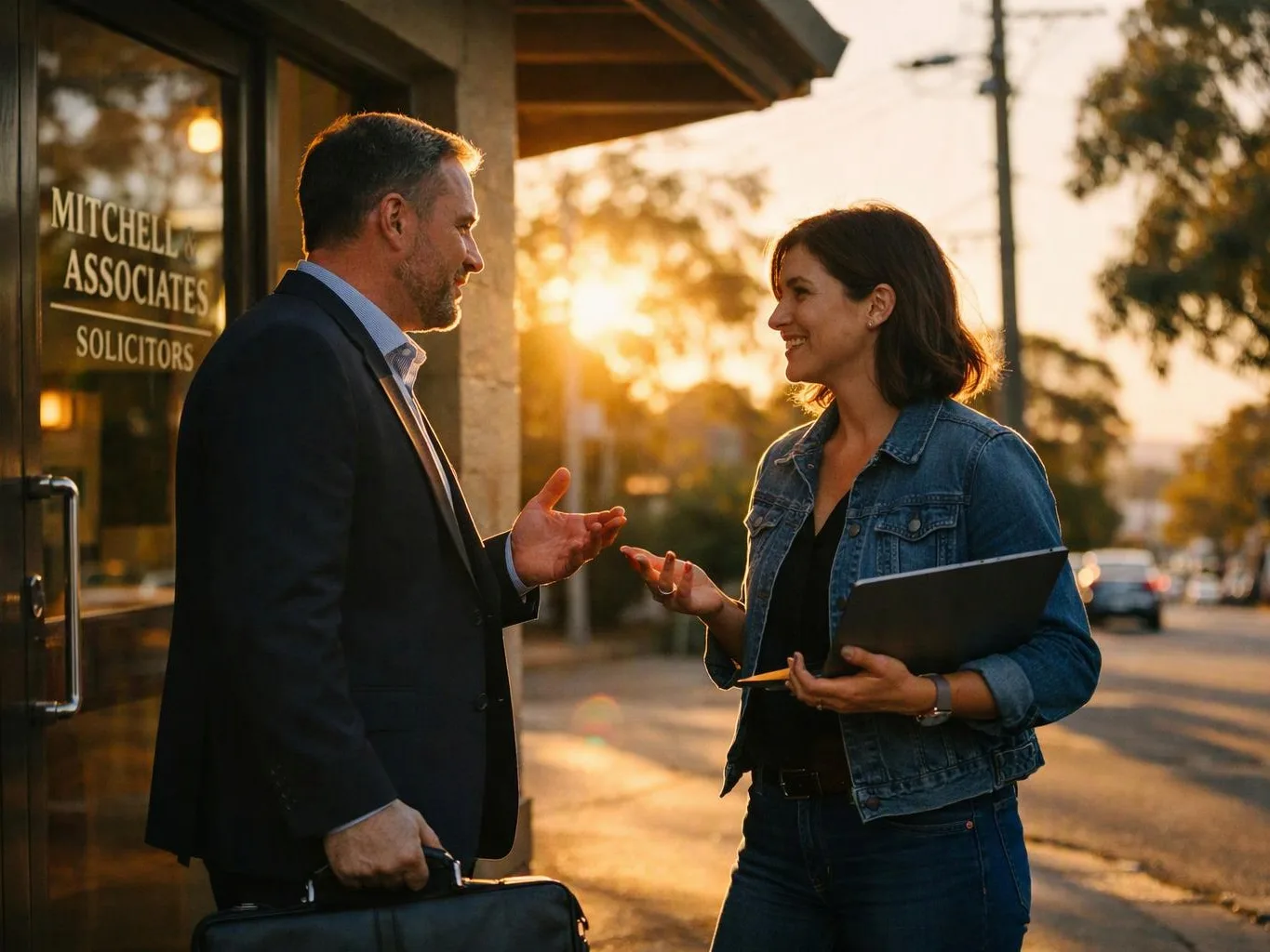 A man and woman talk outside a glass-fronted office at sunset, holding a briefcase and laptop folders