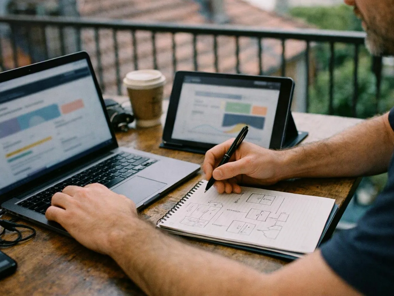 A man works at a wooden table with a laptop, tablet, coffee cup, and a notebook of sketches outdoors