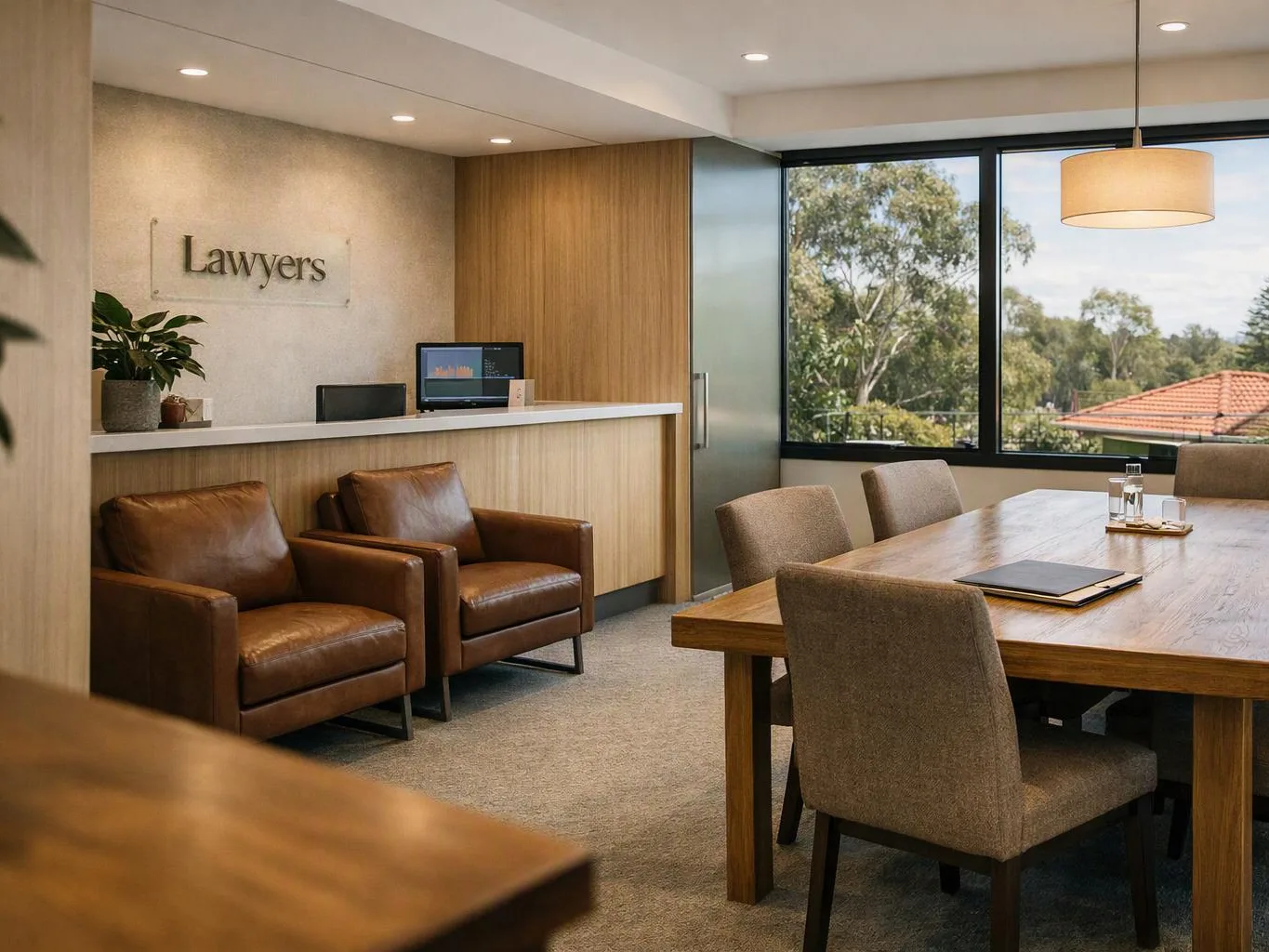 A modern law office meeting room has leather chairs, a wooden table, and a reception desk by large windows