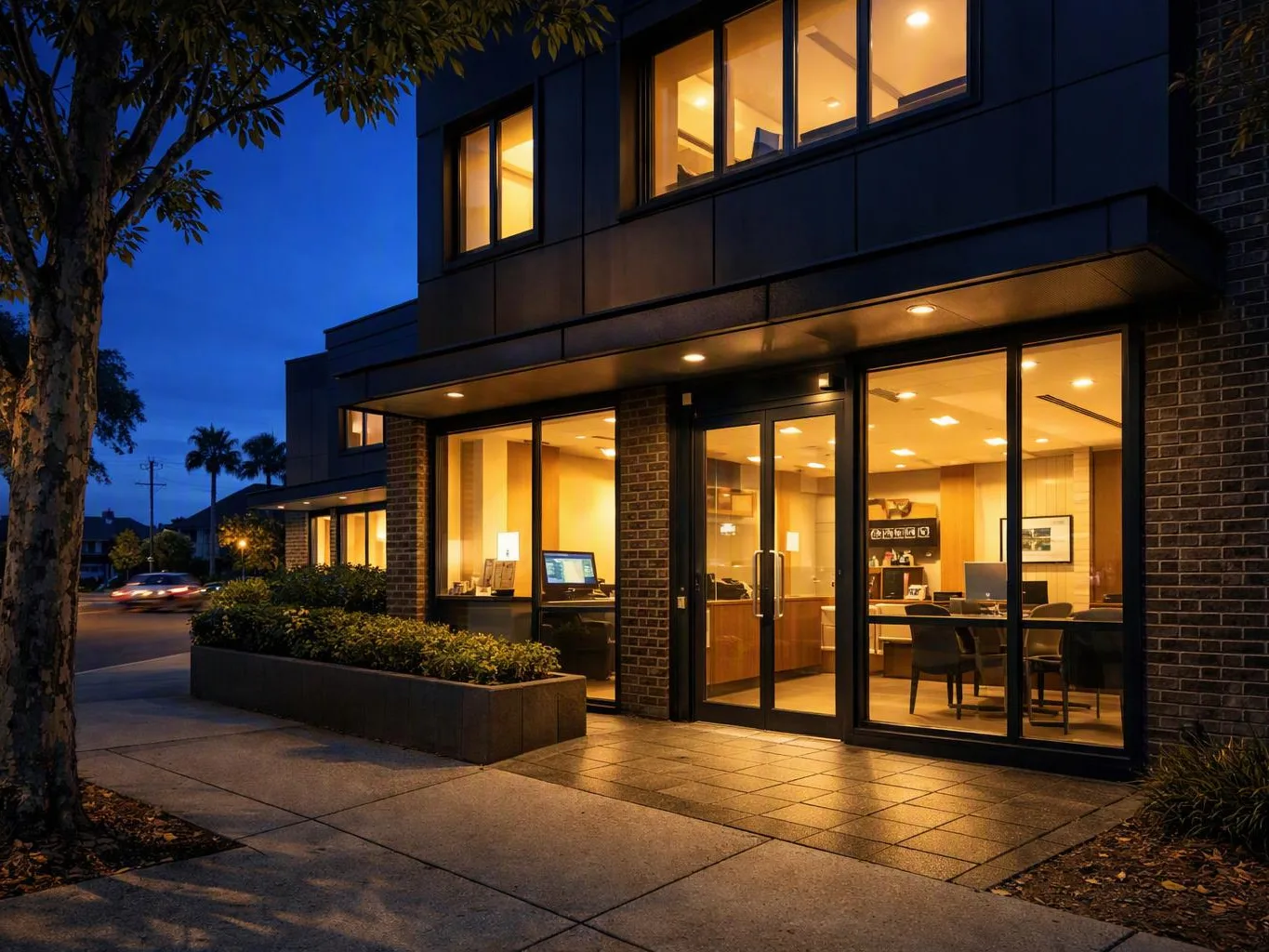 A modern office building glows at dusk, with glass doors, lit windows, and a sidewalk beside trees and shrubs