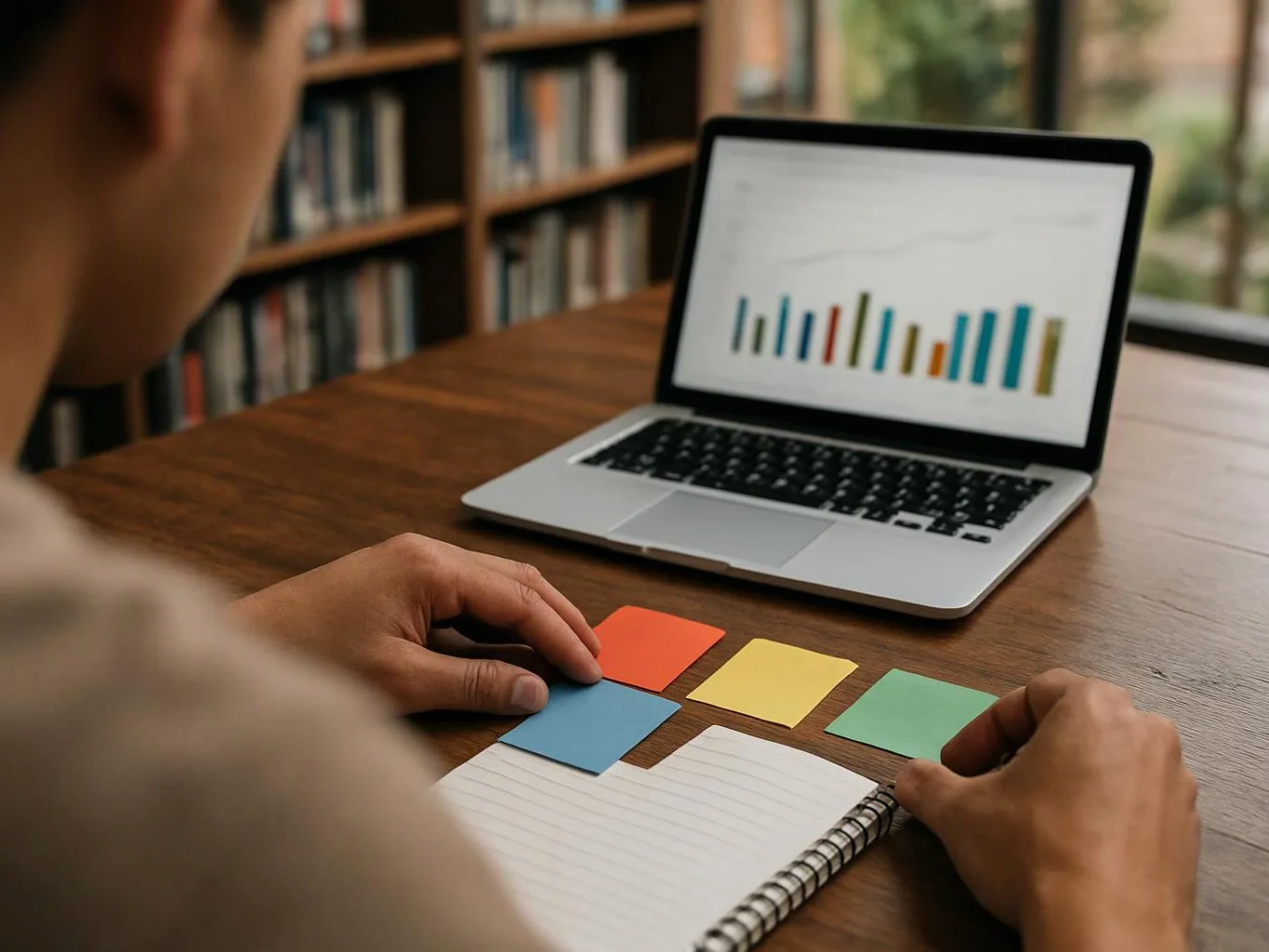 A person arranges colorful sticky notes beside a notebook while viewing a laptop bar chart at a wooden table