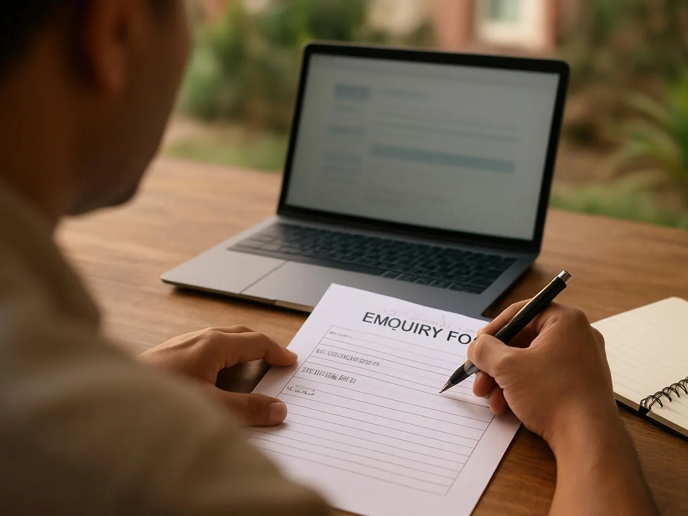A person fills out a form with a pen beside a laptop on a wooden table