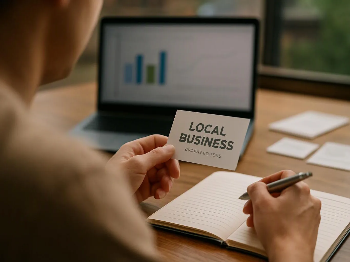 A person holds a card reading “LOCAL BUSINESS” while writing in a notebook beside a laptop with charts