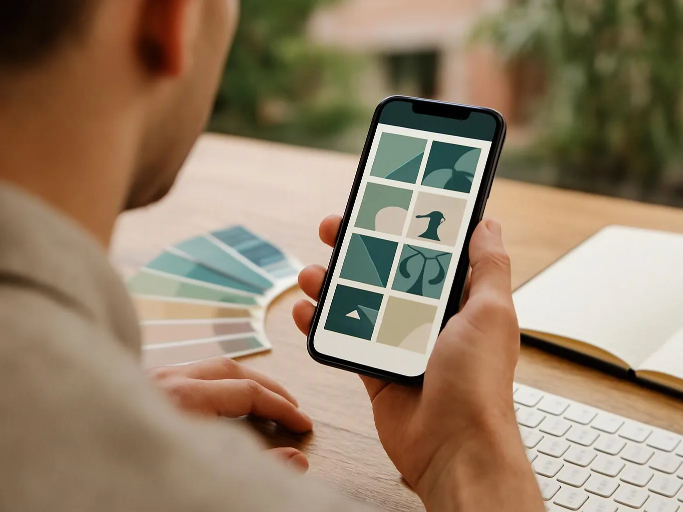 A person holds a smartphone showing a grid of graphic thumbnails beside colour swatches on a desk