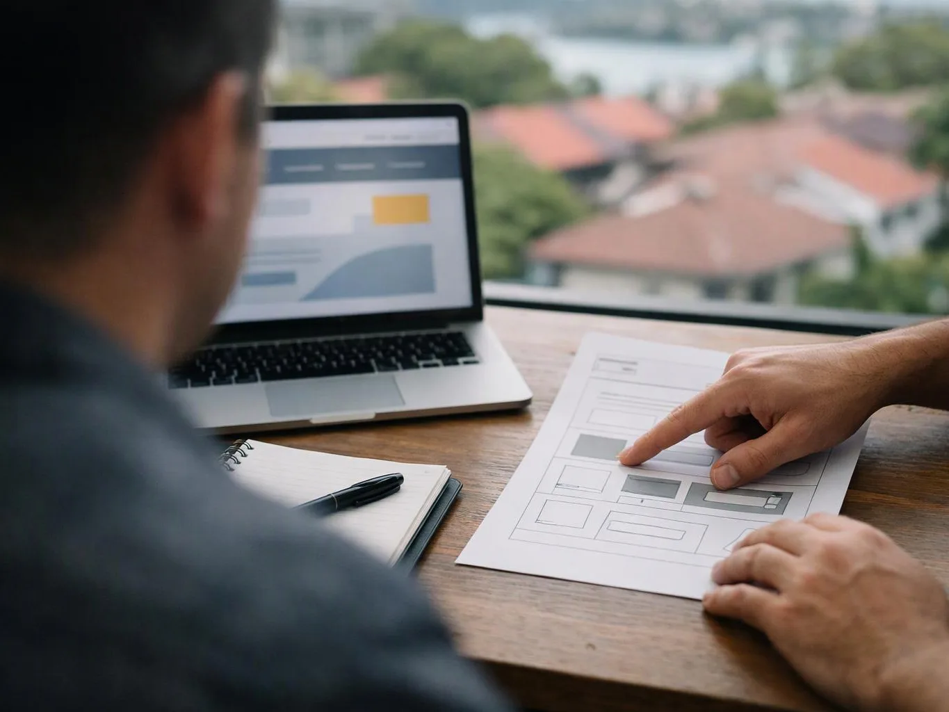 A person points at a website wireframe on paper beside a laptop on a wooden table