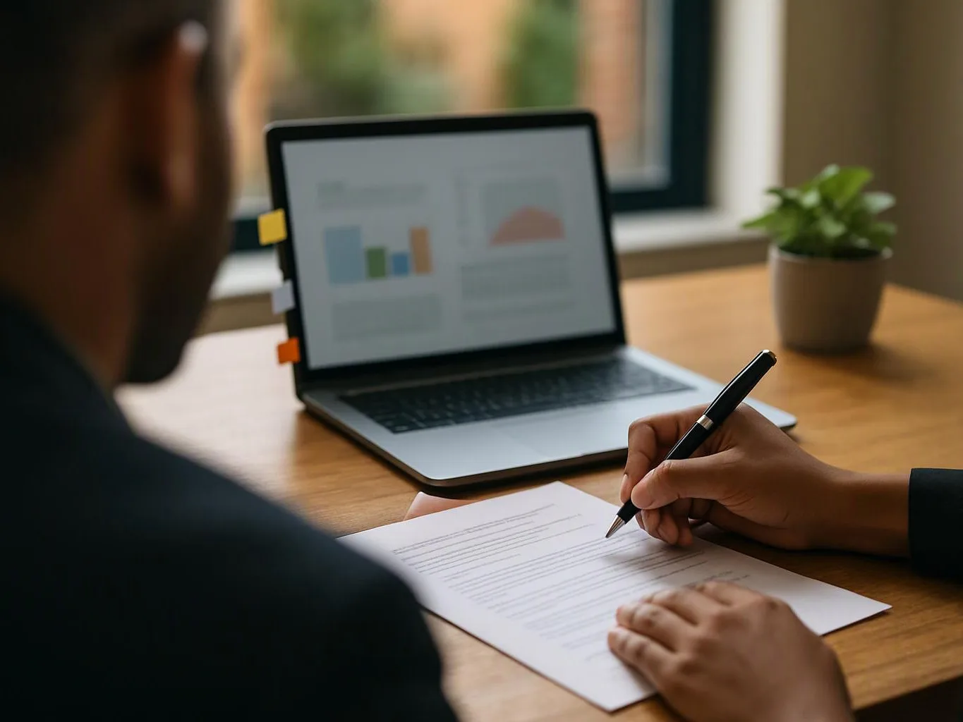 A person signs a paper beside a laptop with charts on a wooden desk indoors