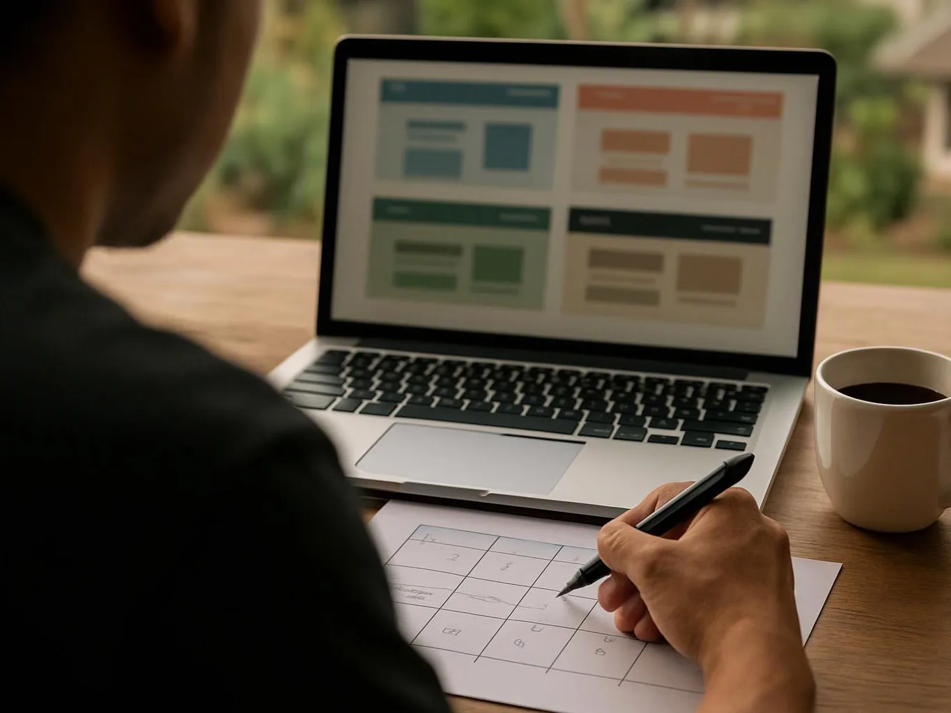 A person sketches a website layout beside a laptop and coffee mug on a wooden table