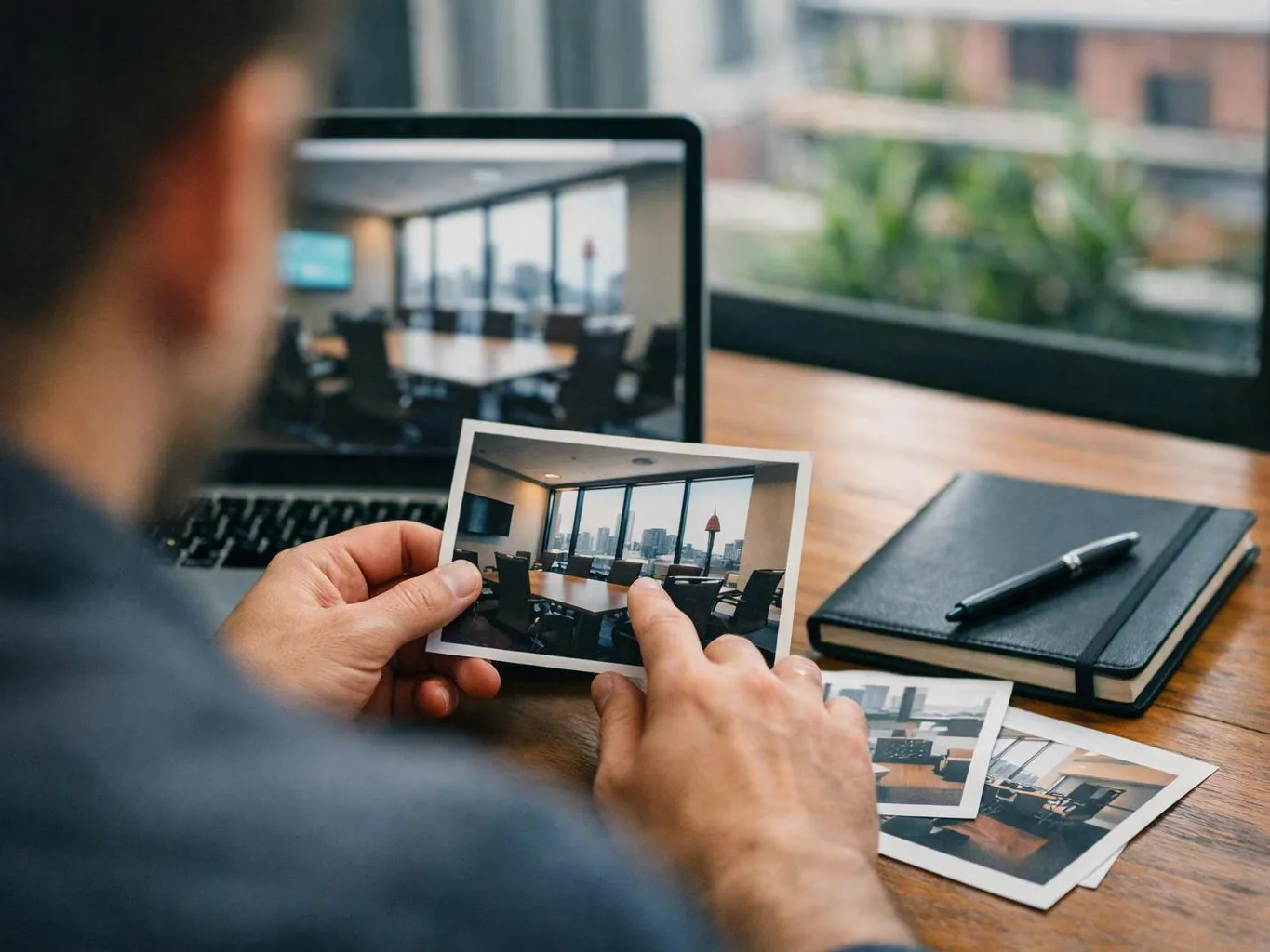A person studies printed office photos beside a laptop, notebook, and pen on a wooden desk