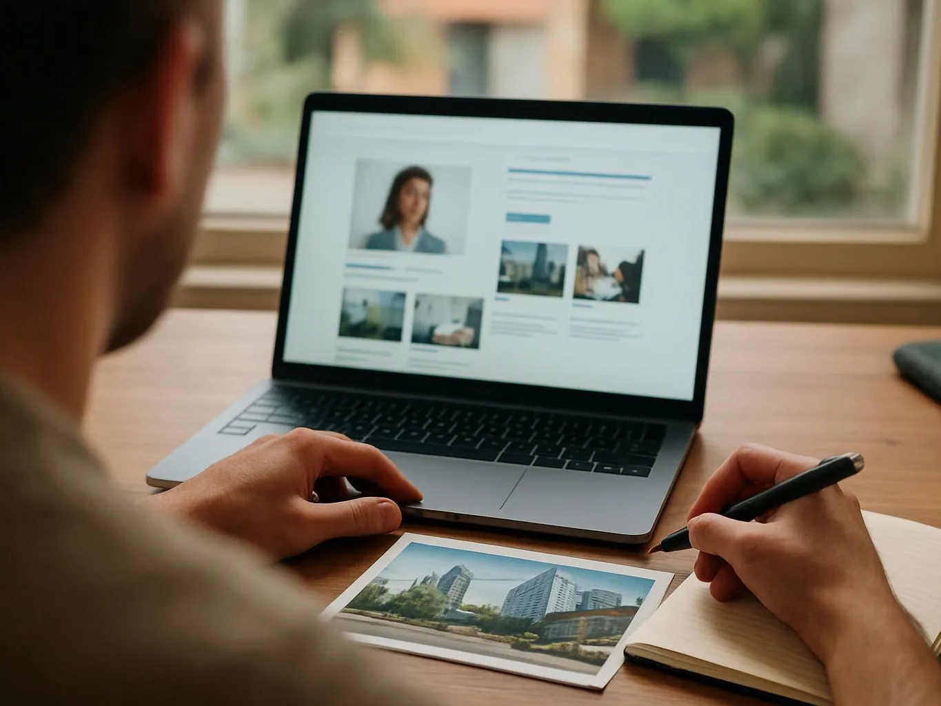 A person views a laptop with a webpage, while holding a pen over notes and a printed building photo