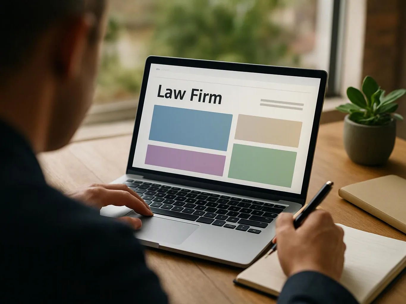 A person works at a laptop showing a “Law Firm” webpage mockup on a wooden desk by a window