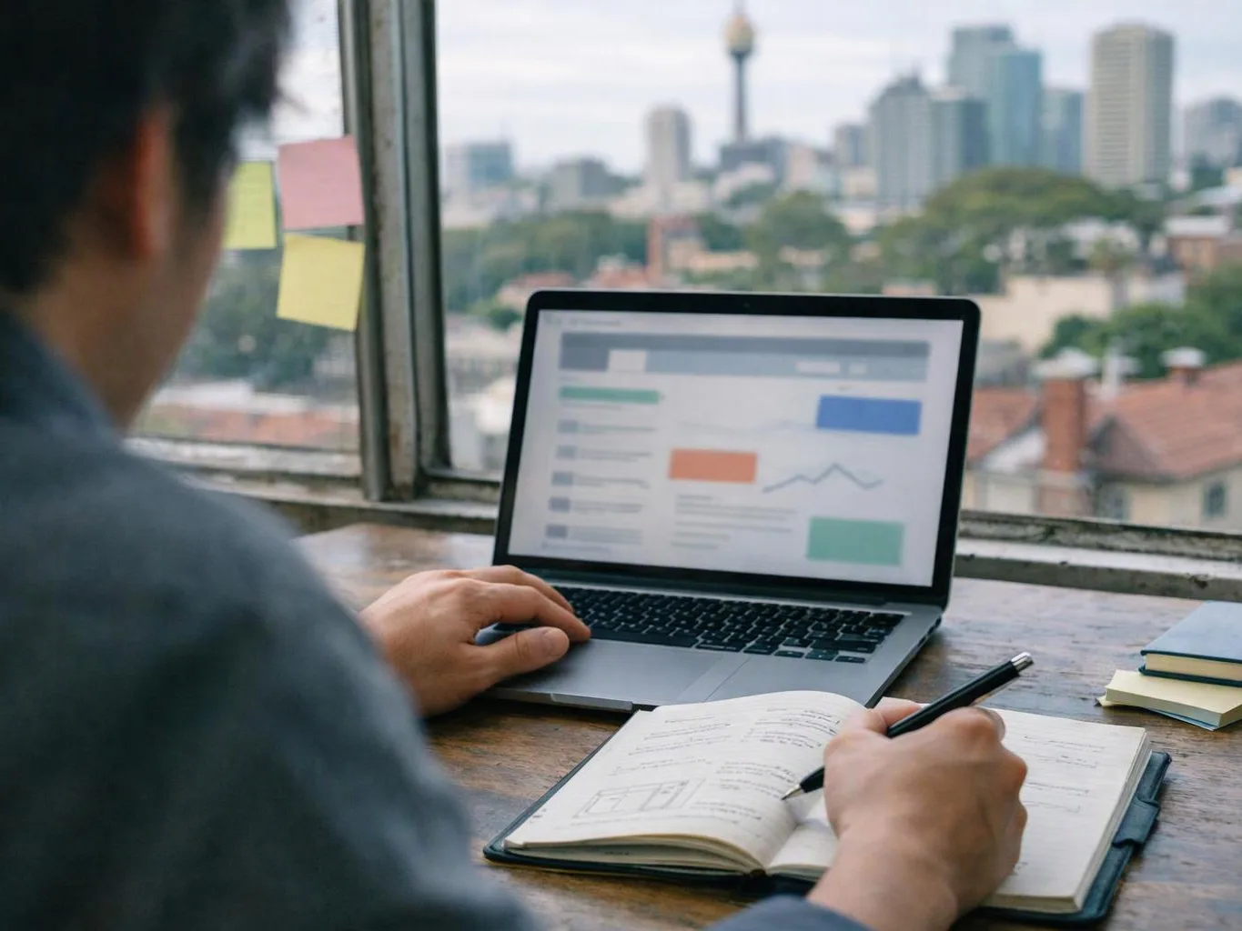 A person writes in a notebook beside a laptop on a desk with a city view behind them