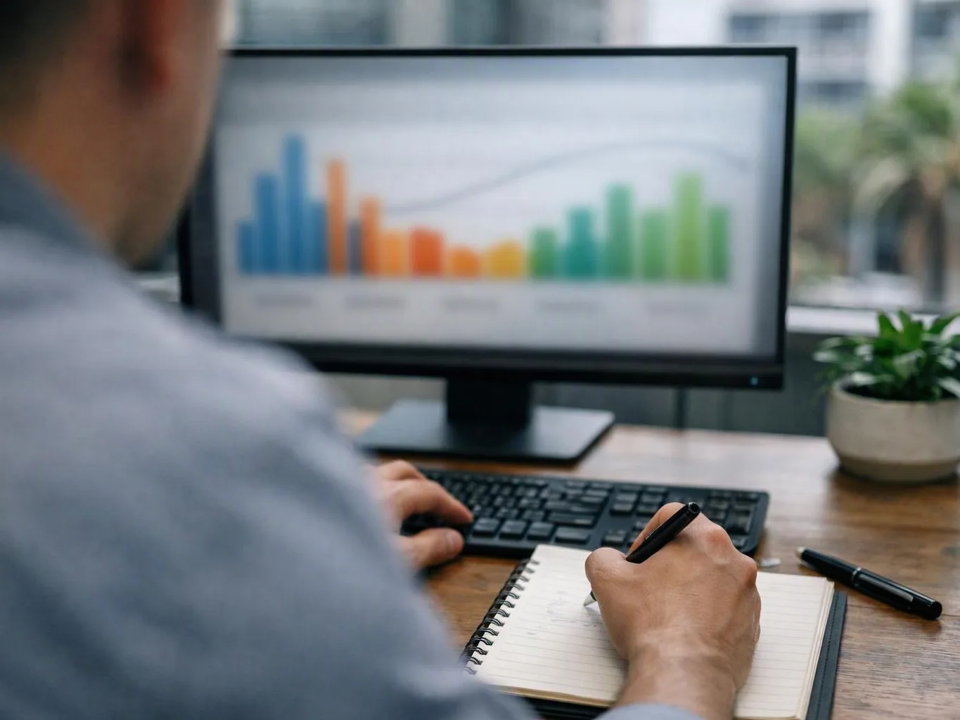 A person writes in a notebook at a desk while viewing a colorful bar chart on a computer monitor
