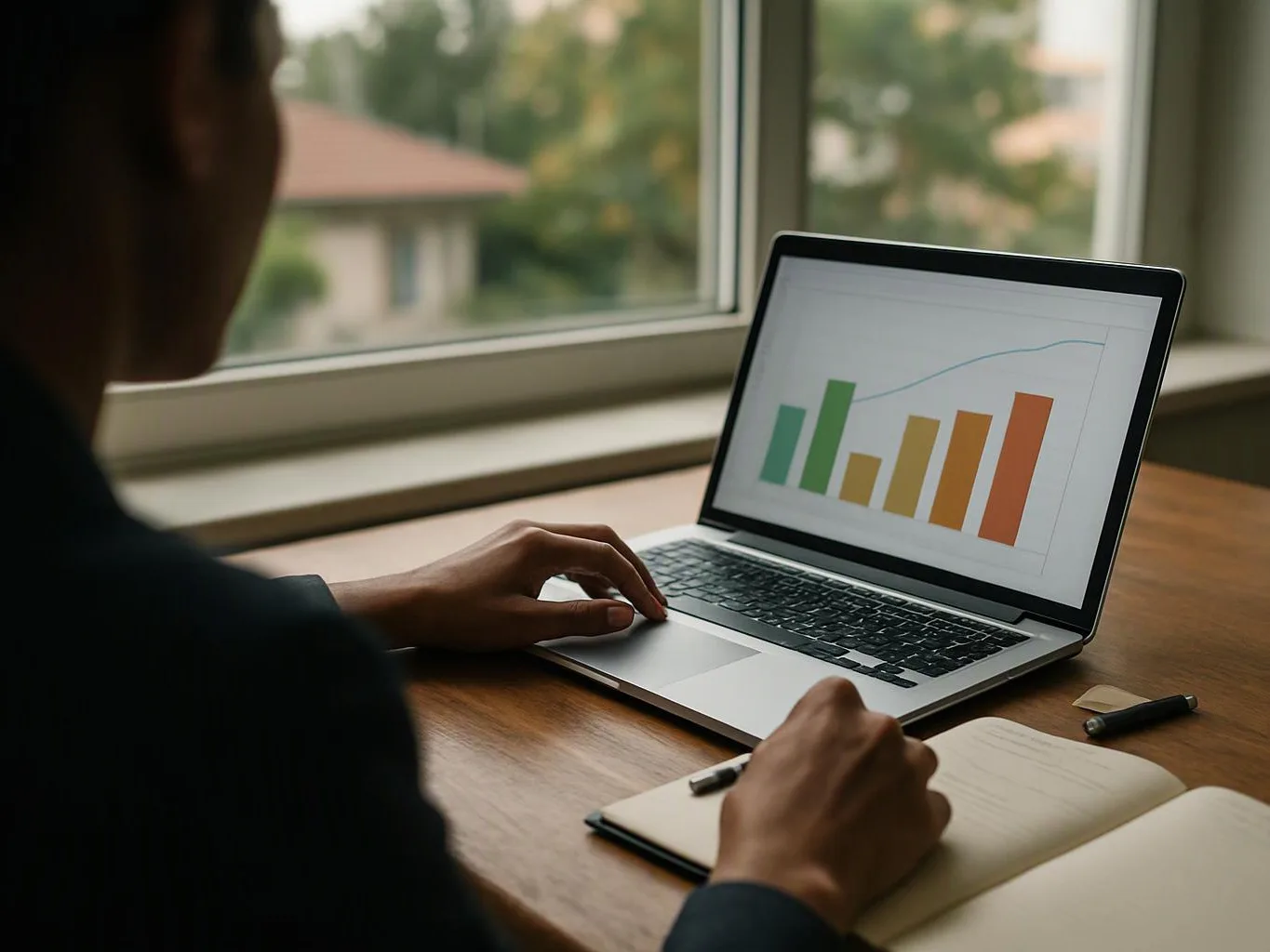A person writes in a notebook while viewing a laptop screen with a rising bar chart by a window
