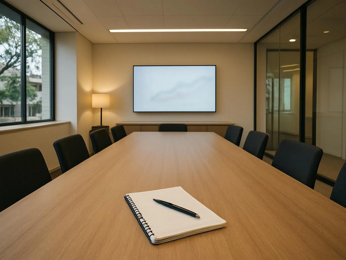 A quiet conference room shows a long wooden table, black chairs, a notepad with pen, and a wall screen