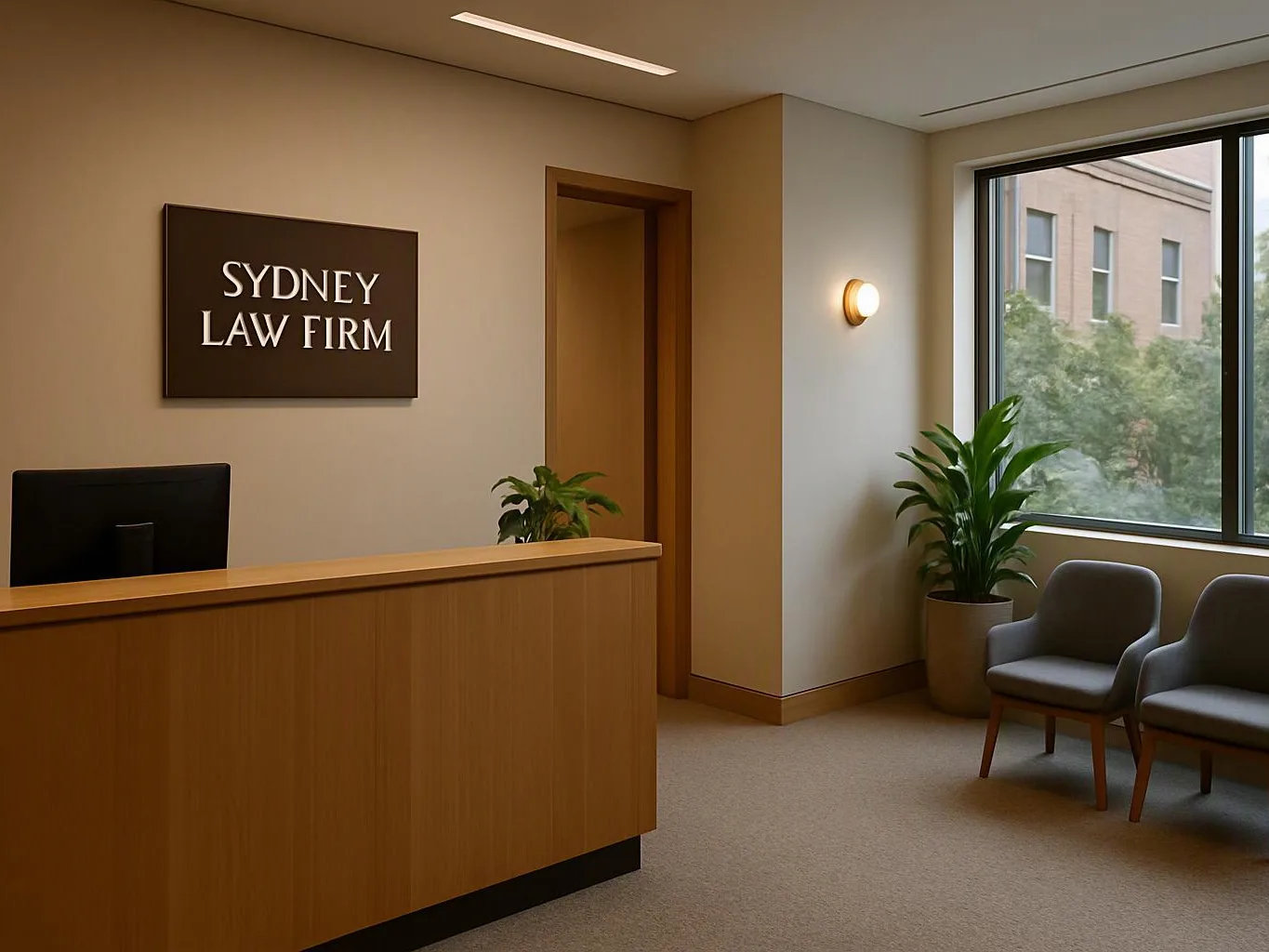 A quiet law office lobby shows a wooden reception desk, waiting chairs, plants, and a wall sign reading "SYDNEY LAW FIRM"