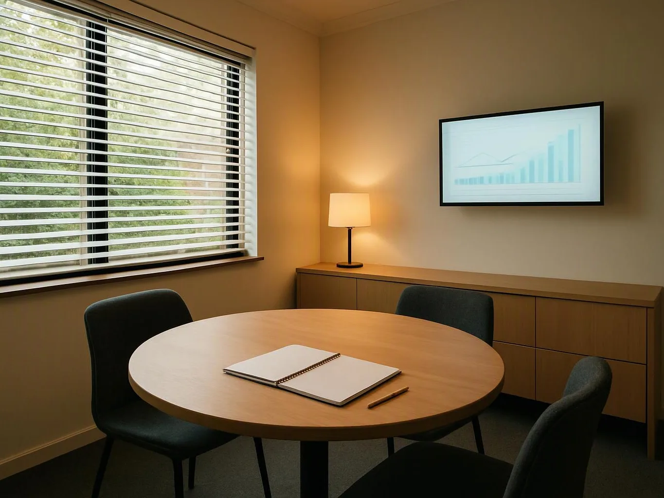 A quiet meeting room has a round table with a notebook, three chairs, a lamp, and a wall screen with a chart