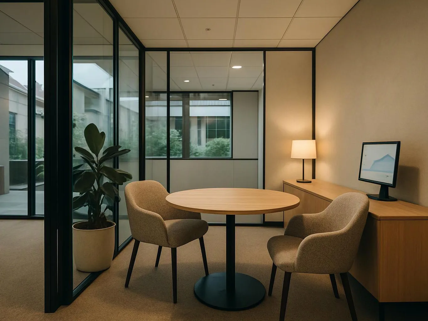 A quiet meeting room has a round table, two chairs, a lamp, a potted plant, and a monitor beside glass walls