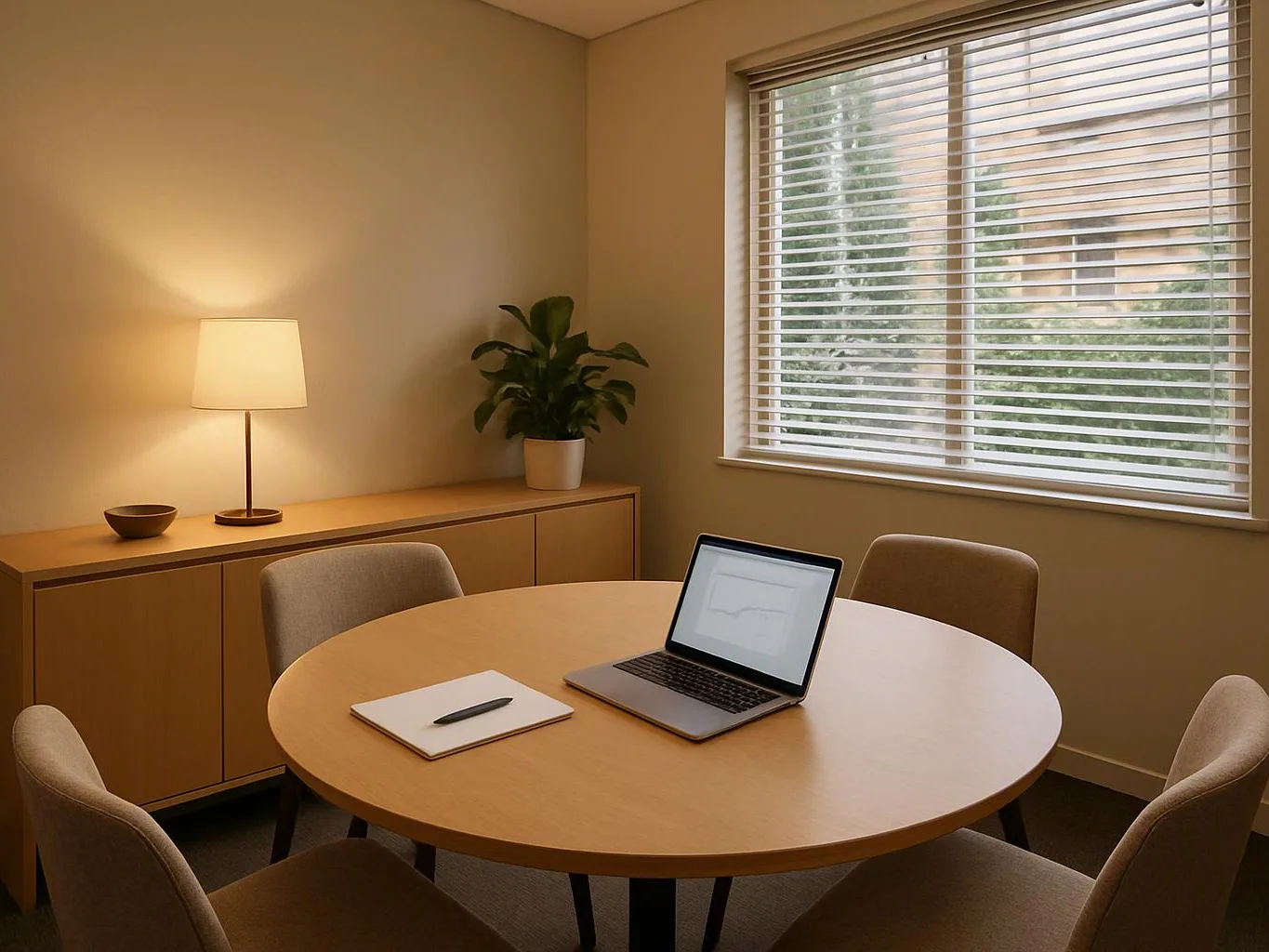 A quiet meeting room with a round table, open laptop, notebook, lamp, plant, and a window with blinds