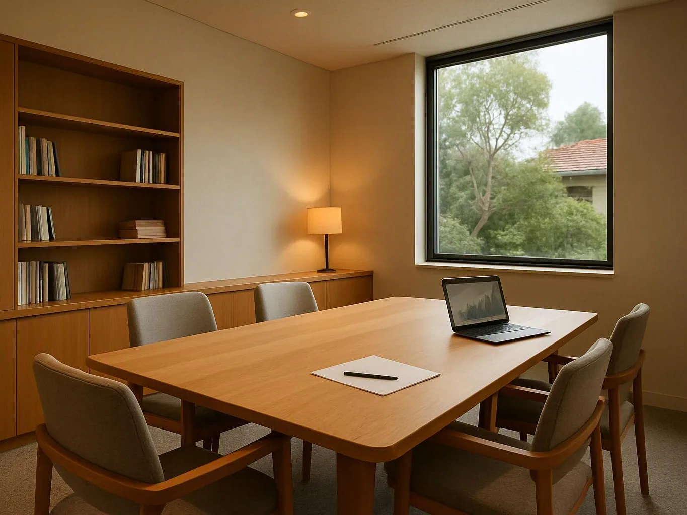 A quiet meeting room shows a wooden table, five chairs, a laptop, a lamp, and a large window with trees outside