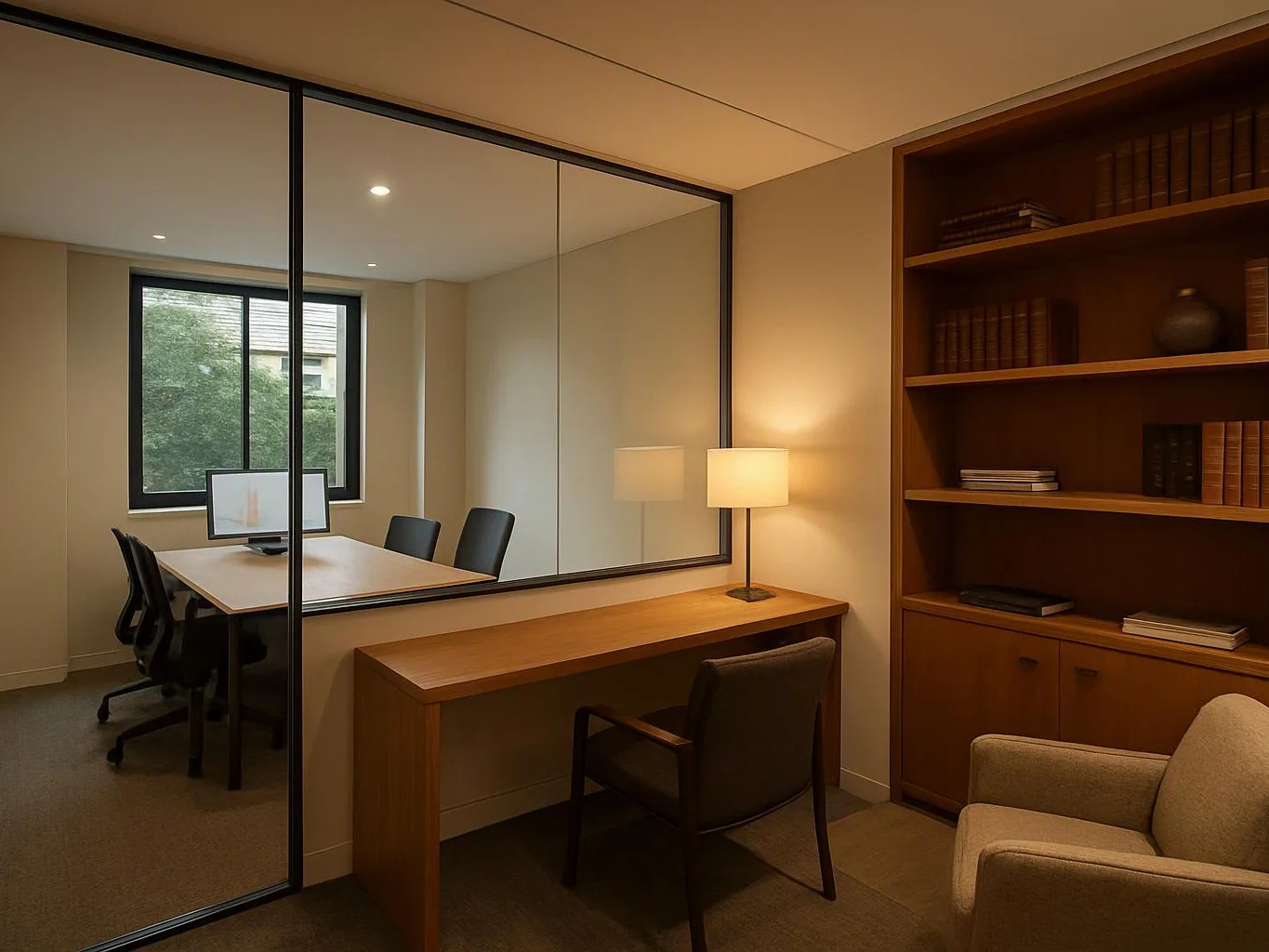 A quiet office room shows a glass-walled meeting area, wooden desk, lit lamp, bookshelves, and chairs