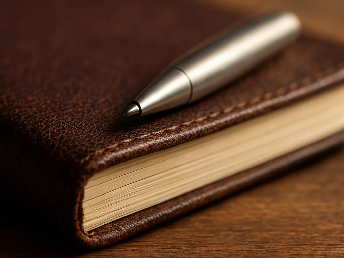 A silver pen rests on a brown leather notebook on a wooden table