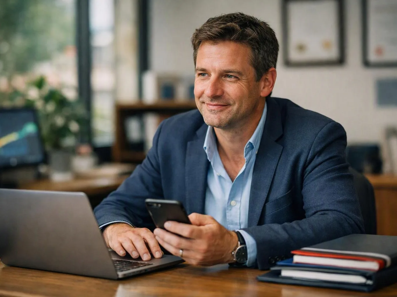A smiling man in a blue blazer sits at a desk, holding a phone beside a laptop and notebooks