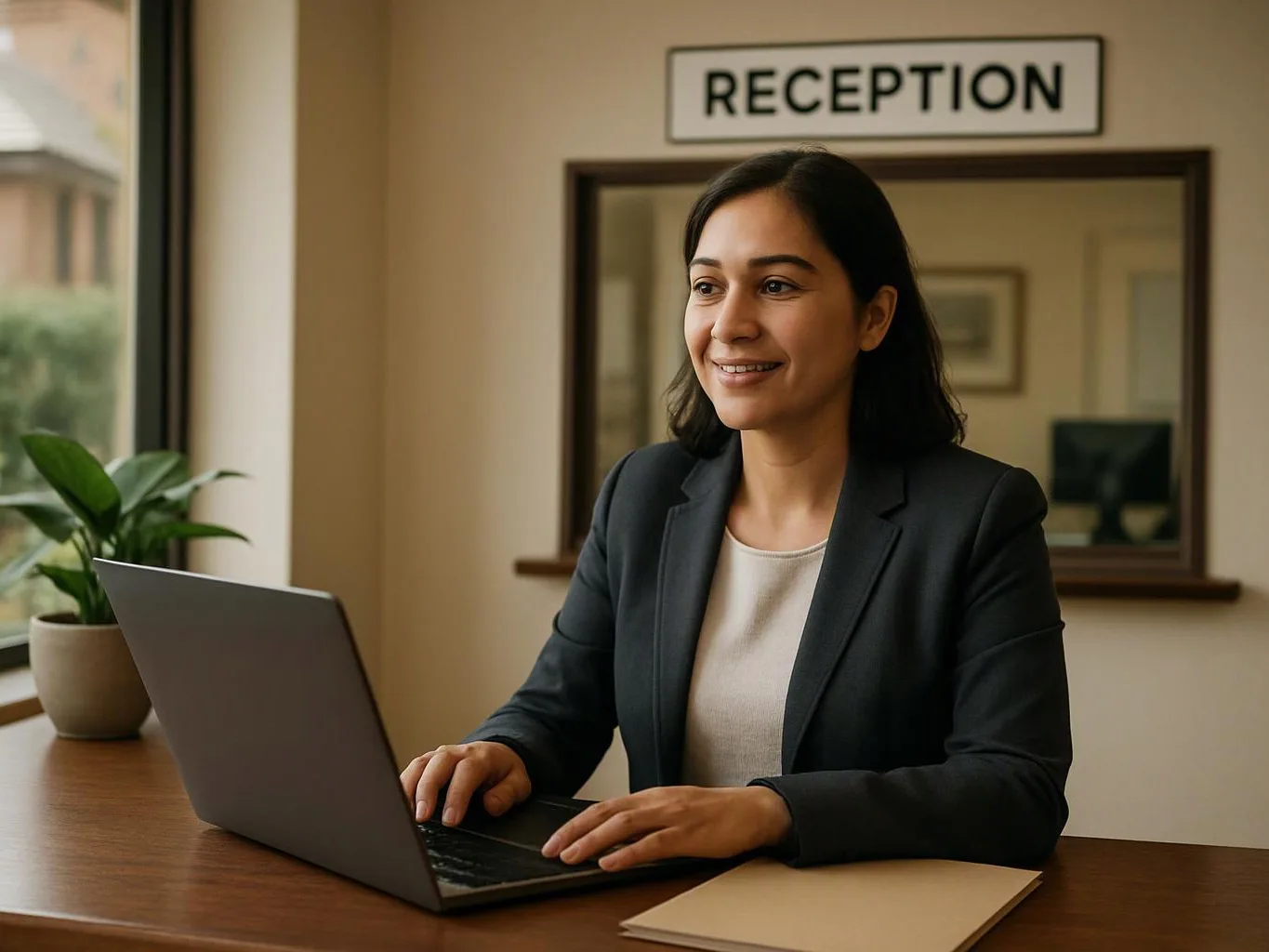 A smiling woman types on a laptop at a reception desk with a sign above the counter