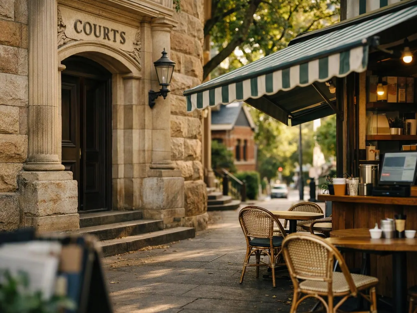 Stone building with a COURTS sign beside a small sidewalk cafe with striped awning and empty chairs