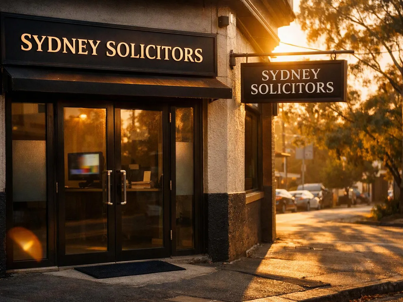 A storefront with signs reading “SYDNEY SOLICITORS” sits beside a sunlit street at golden hour