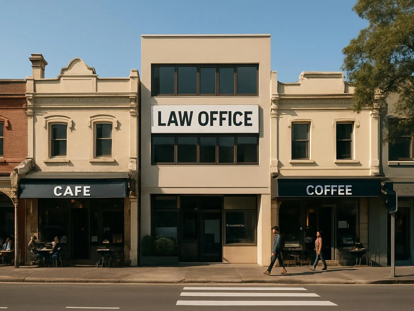 Streetfront shops with a central sign, cafe and coffee storefronts