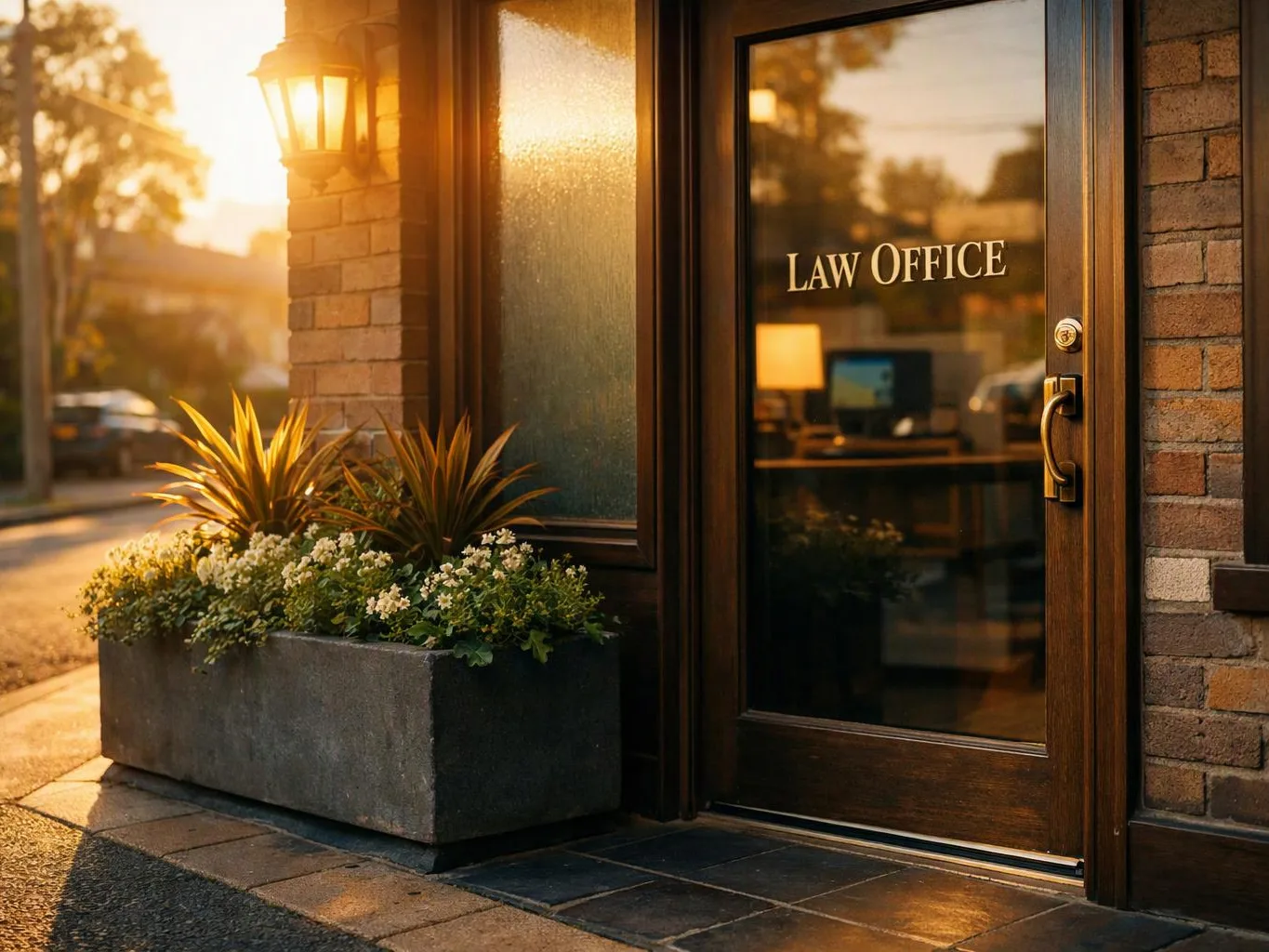 Sunlit brick entrance with a glass door labeled “ ” beside a planter of flowers and spiky plants
