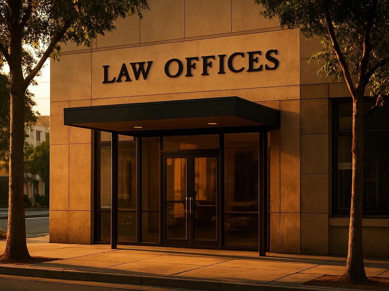 A sunlit building entrance shows “LAW OFFICES” above glass doors, framed by two trees