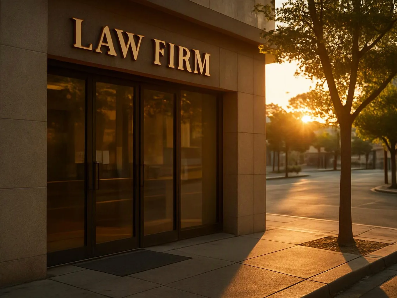 Sunlit storefront with “LAW FIRM” signs above dark glass doors beside a tree-lined sidewalk