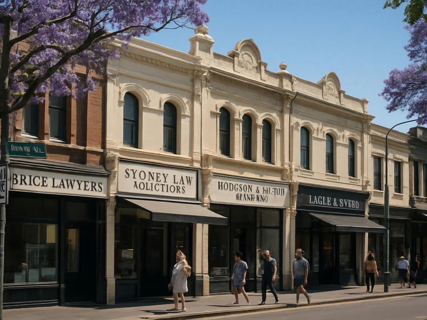 Sunlit storefronts line a quiet street, with purple jacaranda trees shading pedestrians walking past law office signs