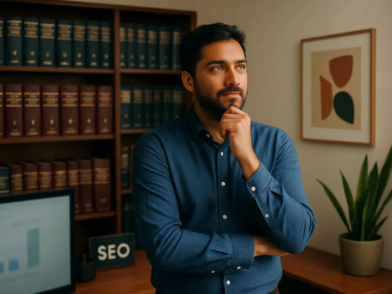 A thoughtful man in a blue shirt stands in a book-lined office beside a plant and framed art