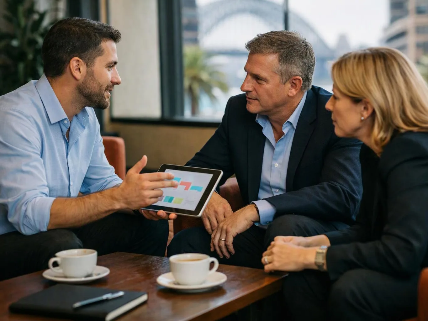 Three people sit in a cafe and discuss a tablet showing colourful charts