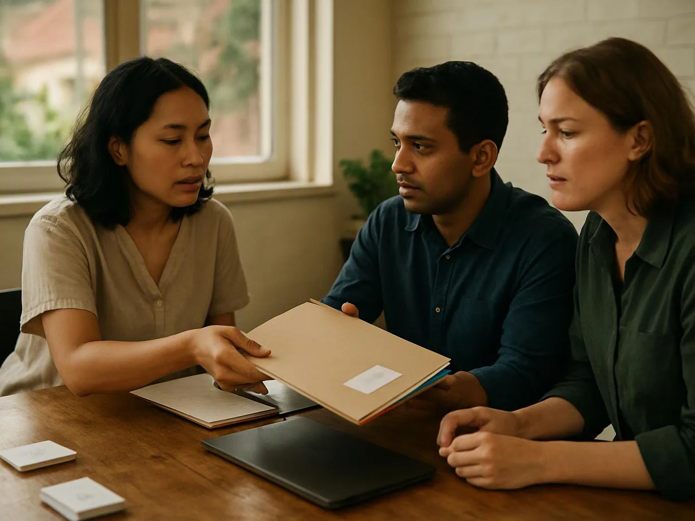 Three people sit at a table, looking at a folder while one woman hands it across to a man