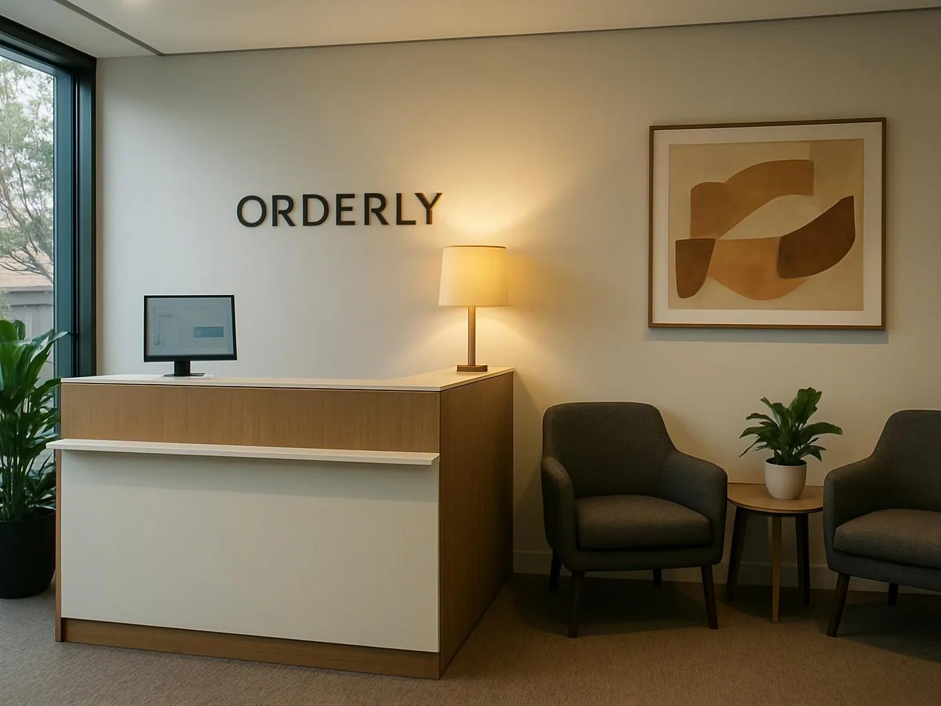 A tidy reception area shows a desk, glowing lamp, two chairs, plants, and the word ORDERLY on the wall