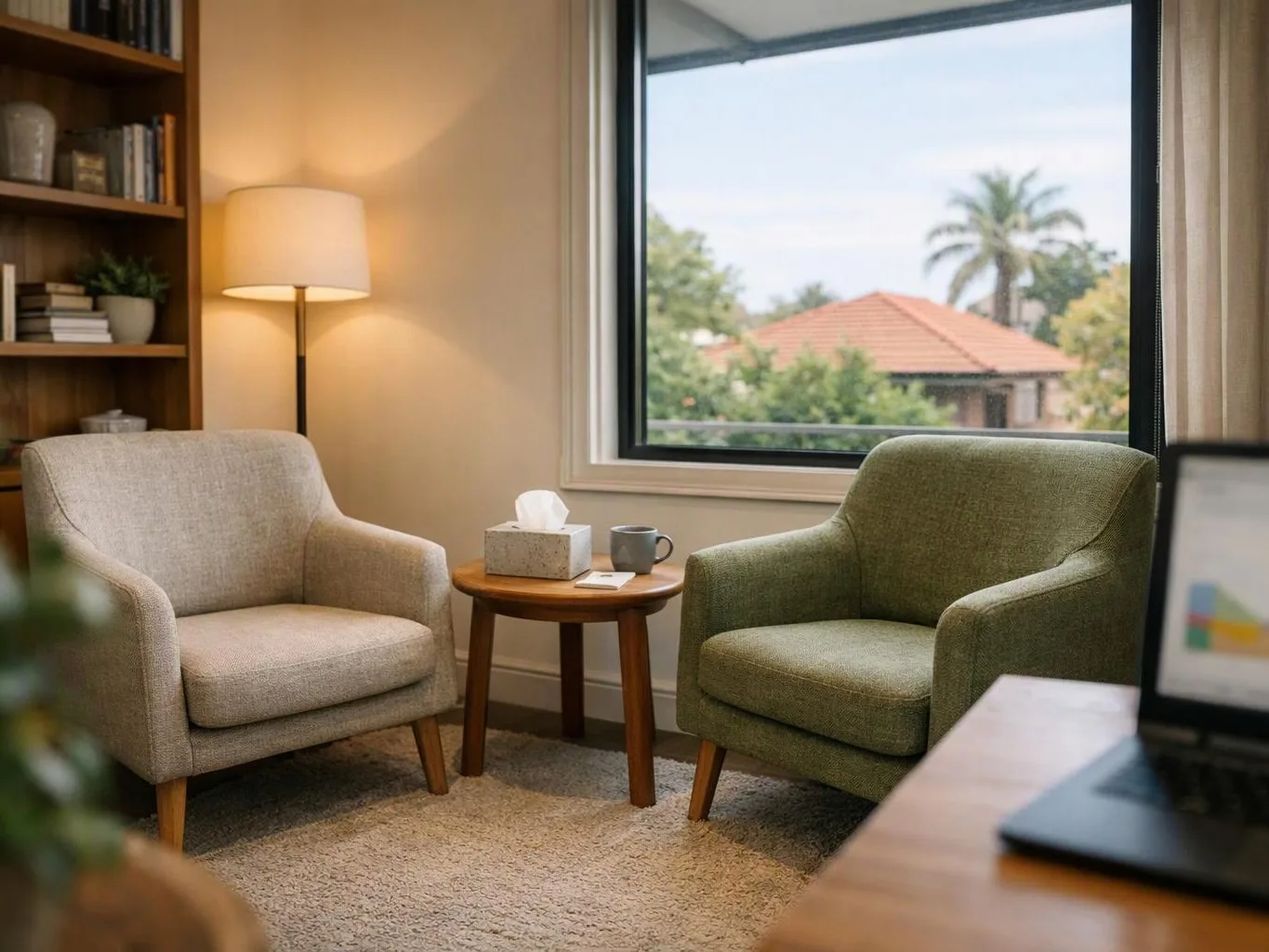 Two armchairs flank a small table beside a lit floor lamp in a bright, tidy sitting room