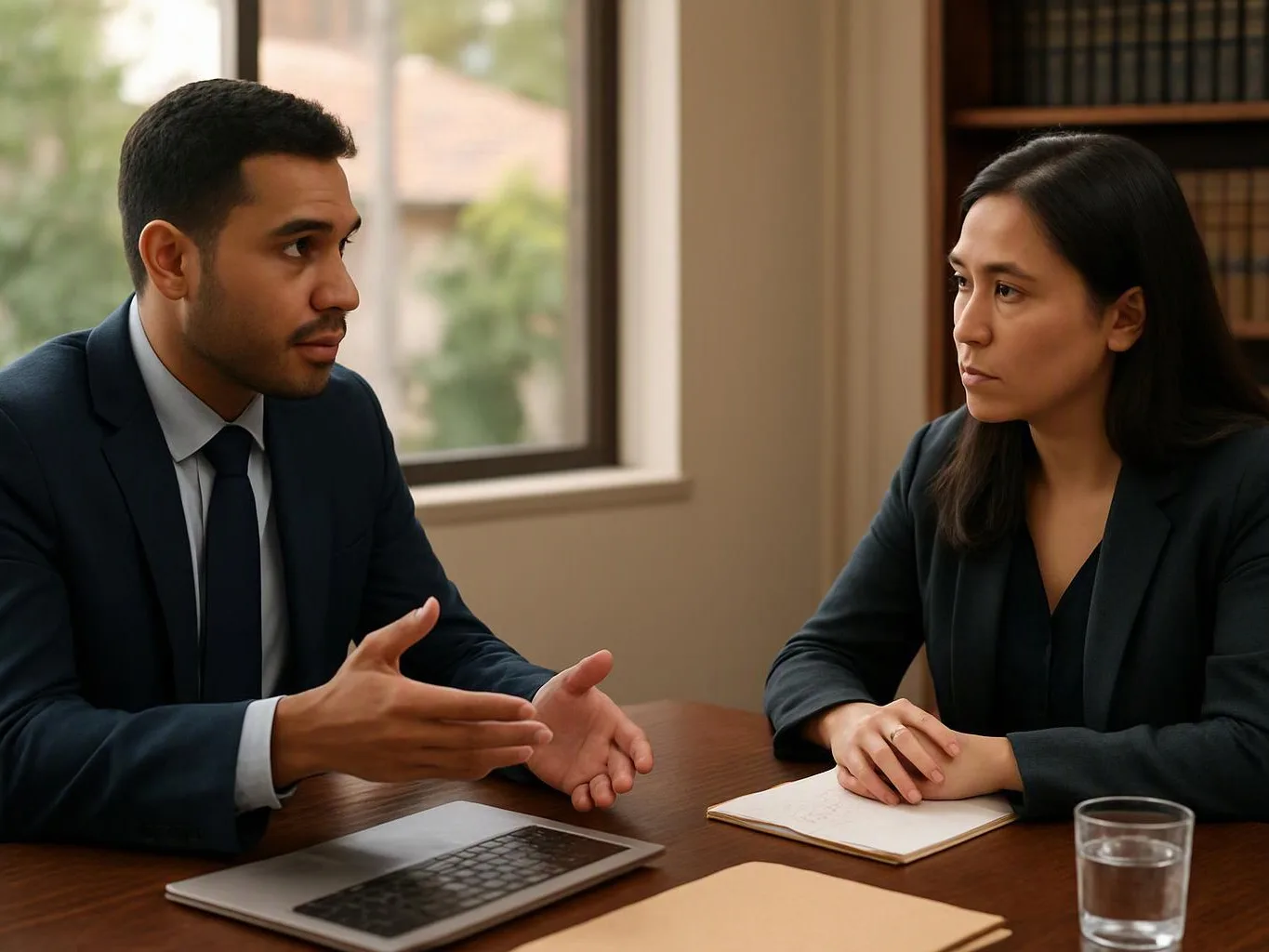 Two business people sit at a table, talking with a laptop, notebook, and glass of water in a bright office