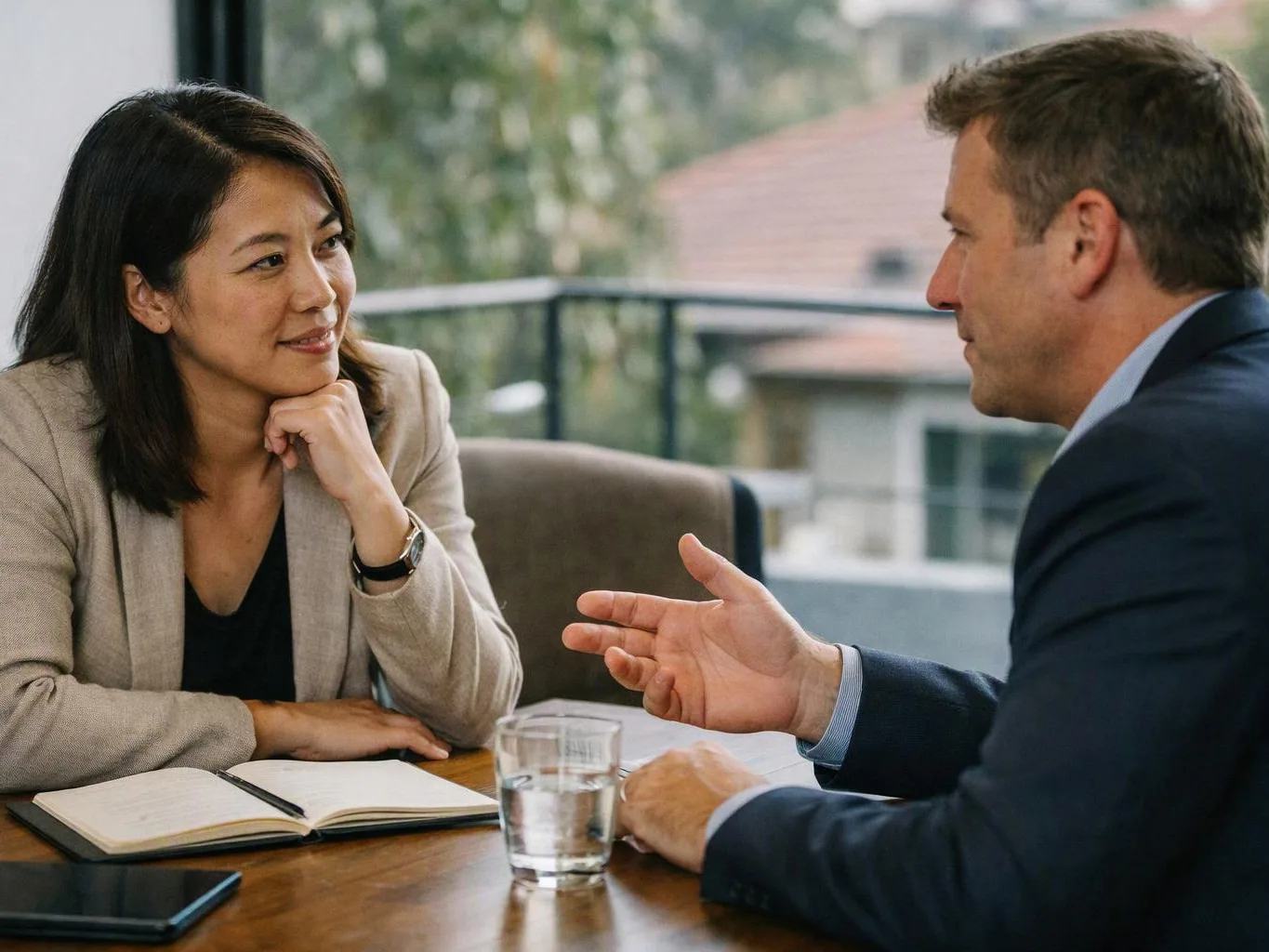 Two business people talk across a wooden table, with a notebook, glass of water, and phone in front of them