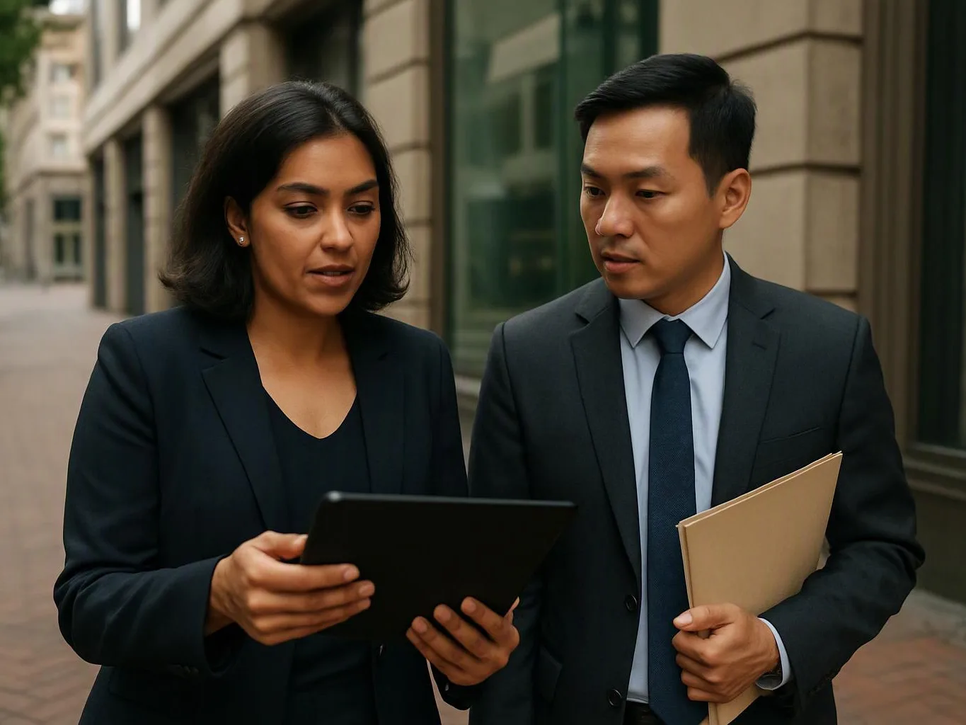 Two business people walk outside a building, looking at a tablet and holding a folder