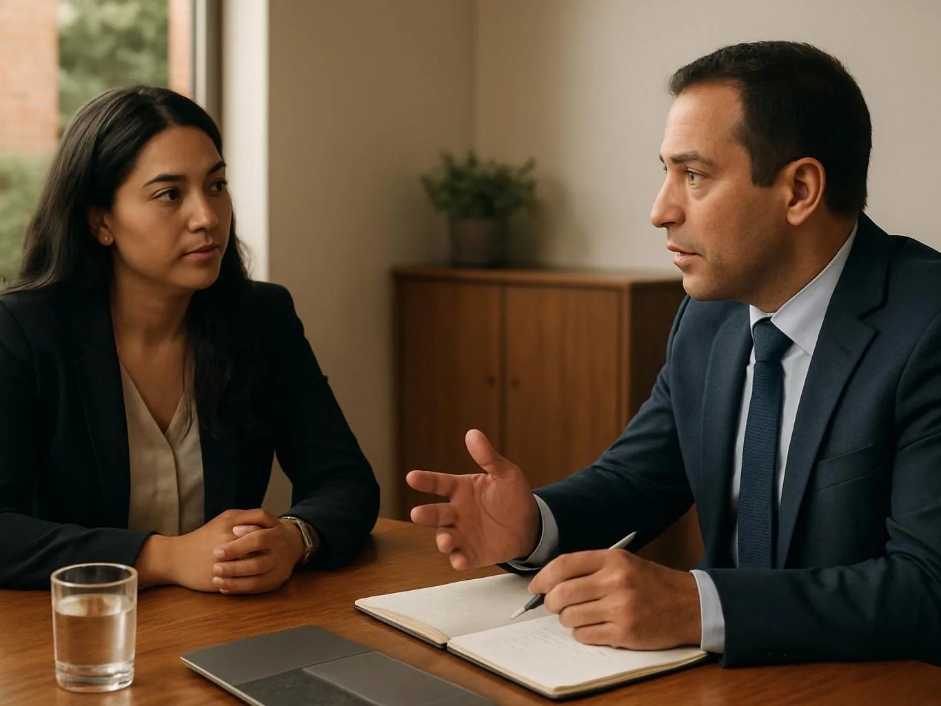 Two businesspeople sit across a table, talking while one gestures and takes notes in a bright office