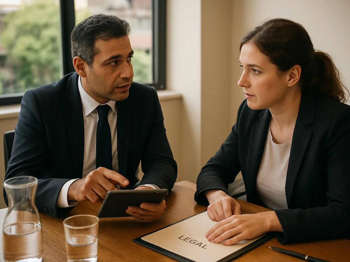 Two businesspeople sit at a table, talking over a tablet and a folder labeled “LEGAL”