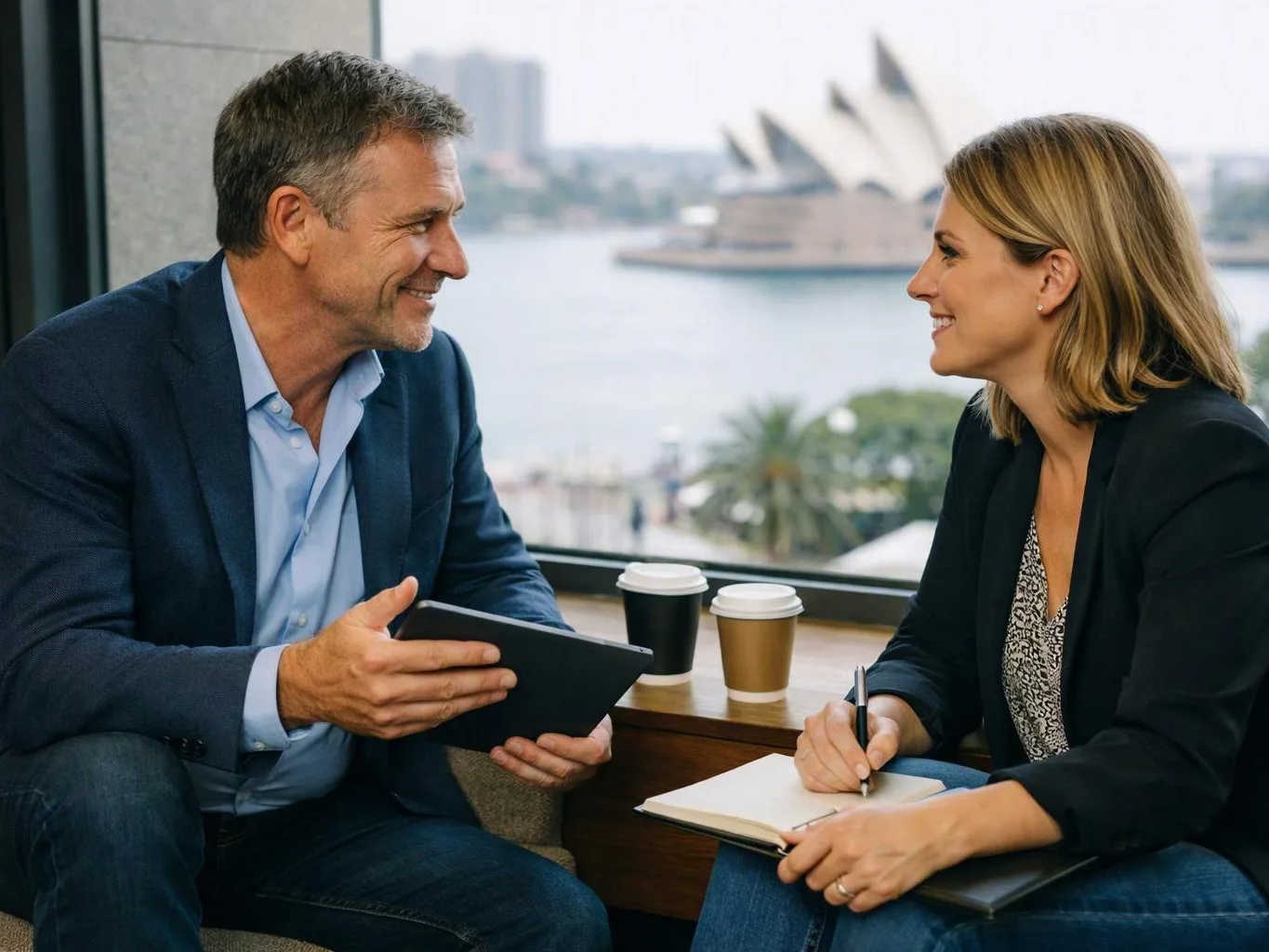 Two businesspeople sit by a window, smiling and talking over coffee with a harbor skyline behind them