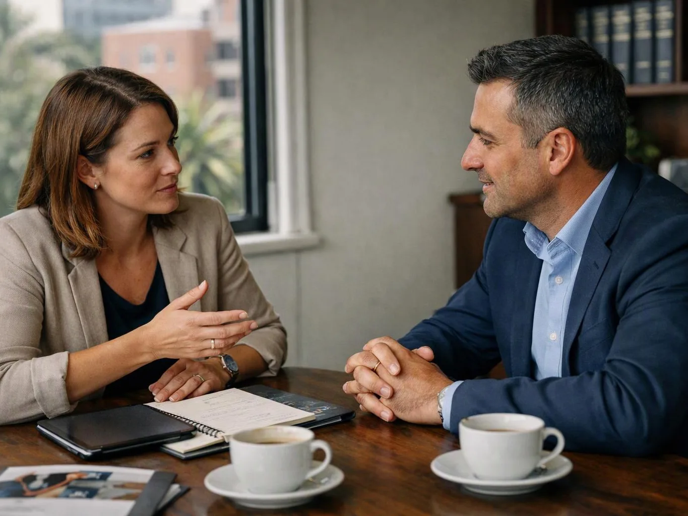 Two businesspeople talk across a table with notebooks and coffee cups in a bright office