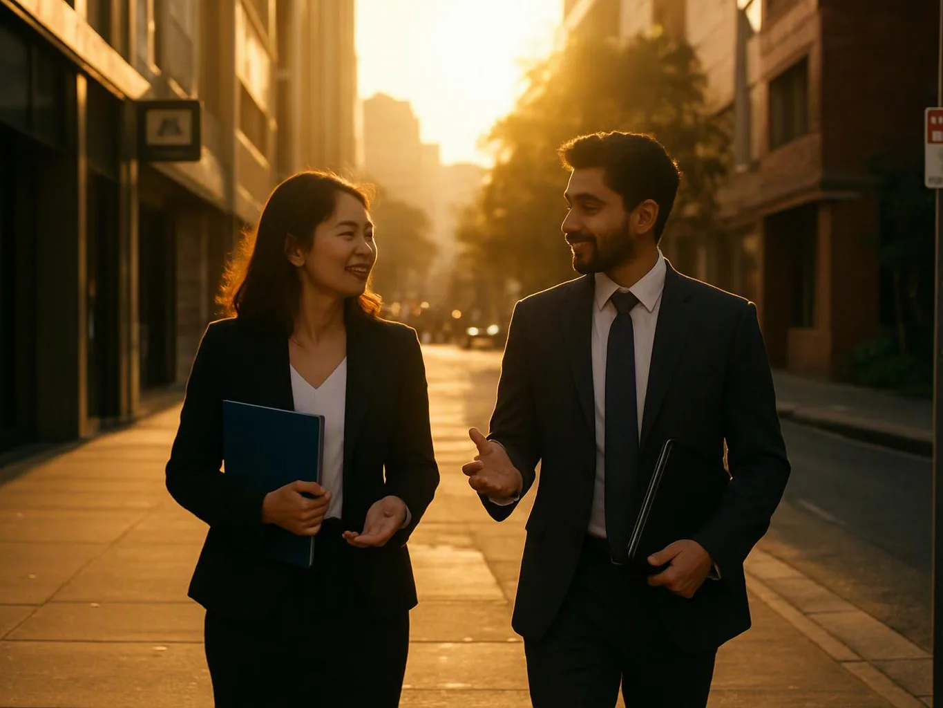 Two businesspeople walk down a sunlit city street, smiling and talking while carrying folders